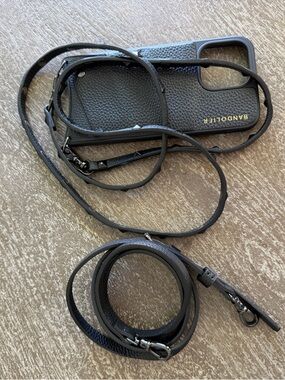 Bandolier Black Leather Crossbody Phone Case with Studded Strap